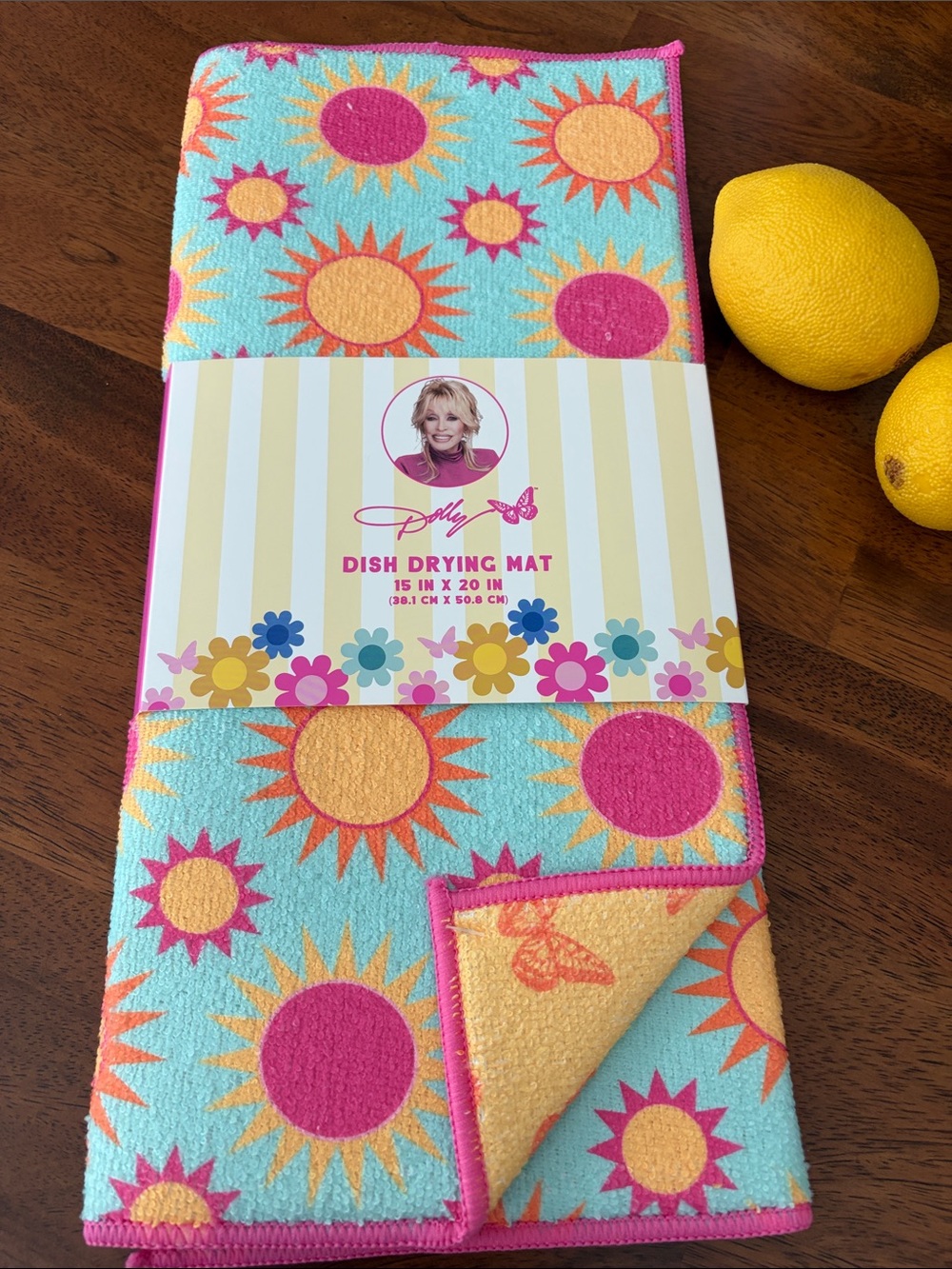 Dolly Parton Dish Drying Mat in Turquoise with Pink & Yellow Sun Pattern